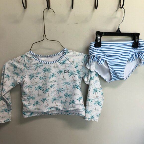 Prodoh Girls Rashguard Set Blue Green Stripe Palm trees size 5 - Picture 1 of 5
